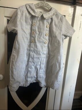 Luli & Me Baby Boys' Light Blue Plaid Romper with Peter Pan Collar
